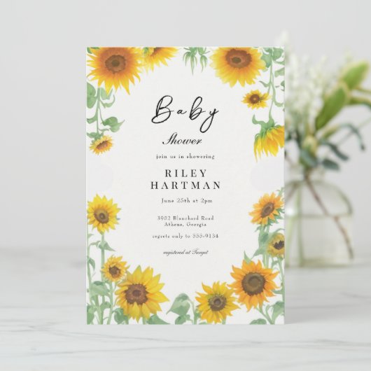 黄ひまわりエレガント晴れ赤ちゃんシャワー 招待状 (スタンド正面)