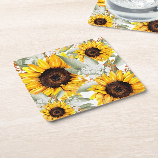 黄ひまわりフローラ素朴秋フラワー スクエアペーパーコースター (アングル)