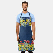 黄ひまわり水彩赤ポピーネービーブルー エプロン (着用した状態)