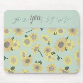 黄ひまわり青が花柄に マウスパッド
