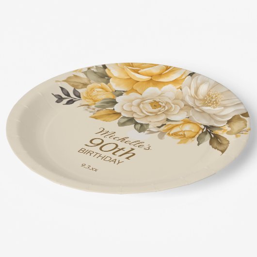 黄エレガントアイボリークリームフローラサプライズ90th ペーパープレート (アングル)