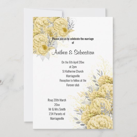黄エレガントフローラモダン結婚束 招待状 (正面)