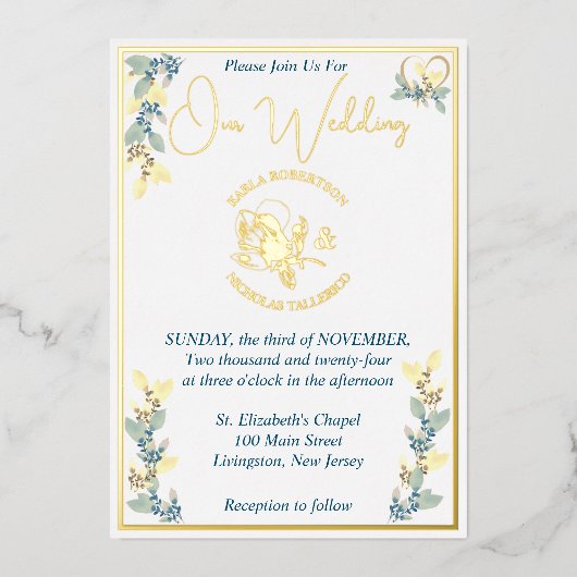黄エレガントフローラ結婚ズ 箔招待状 (正面)