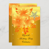 黄エレガントフローラ誕生日パーティー任意の年齢 招待状 (正面/裏面)