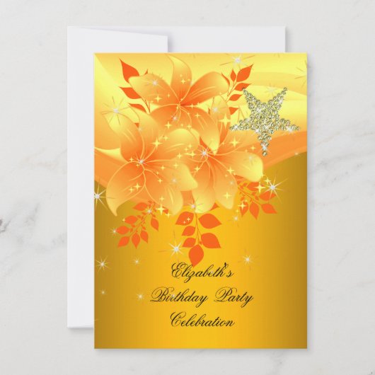 黄エレガントフローラ誕生日パーティー任意の年齢 招待状 (正面)