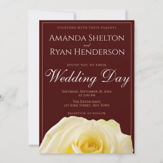 黄エレガントローズブルゴーニュ結婚ーフローラ 招待状 (正面)