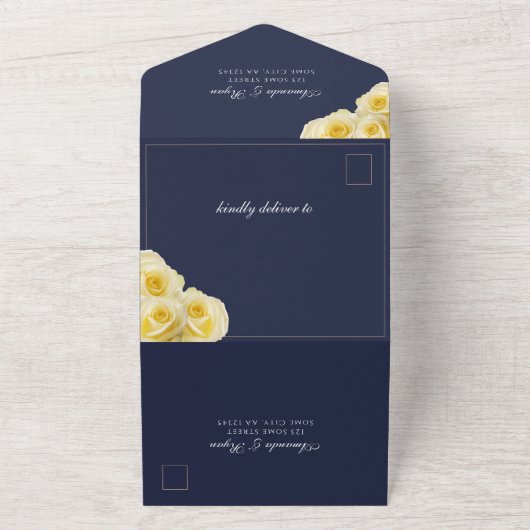 黄エレガントローズミッドナイトブルーフローラ結婚ズ オールインワン招待状 (外側)