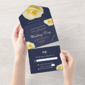 黄エレガントローズミッドナイトブルーフローラ結婚ズ オールインワン招待状 (貼ってはがせる)