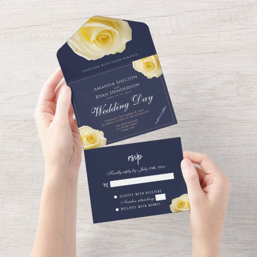黄エレガントローズミッドナイトブルーフローラ結婚ズ オールインワン招待状 (貼ってはがせる)