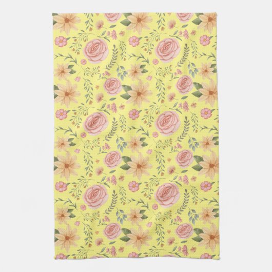 黄エレガントヴィンテージ山花模様 キッチンタオル (縦)