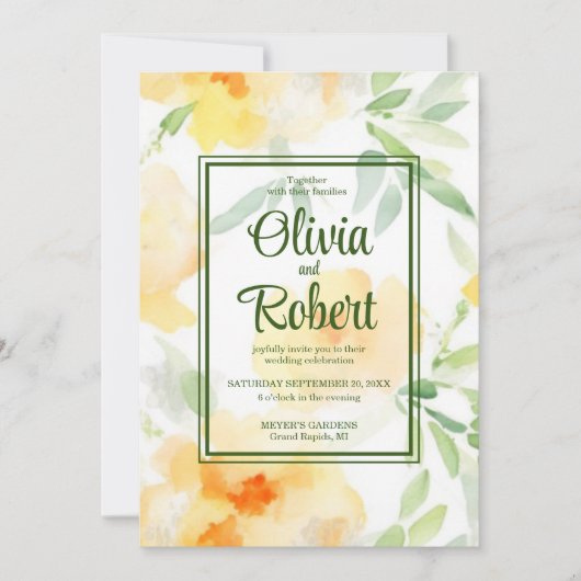 黄エレガント橙色の水色のフローラ結婚 招待状 (正面)
