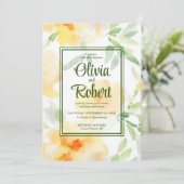 黄エレガント橙色の水色のフローラ結婚 招待状 (スタンド正面)