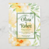 黄エレガント橙色の水色のフローラ結婚 招待状 (正面/裏面)