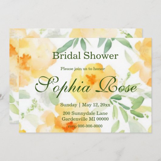 黄エレガント橙色の水色ブライダルシャワー 招待状 (正面/裏面)