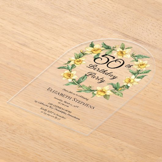 黄エレガント水仙フローラ50誕生日 アクリル招待状 (レイダウン)
