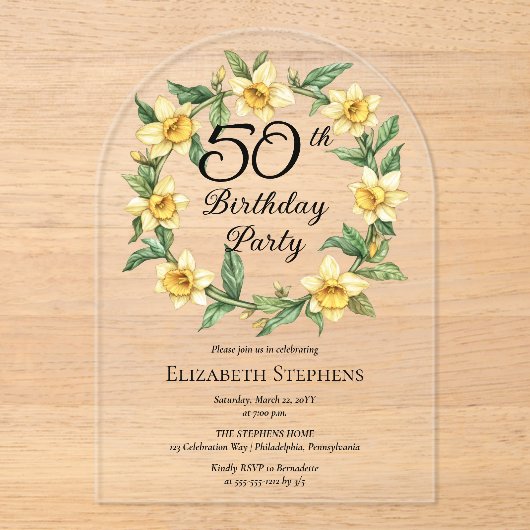 黄エレガント水仙フローラ50誕生日 アクリル招待状 (正面)