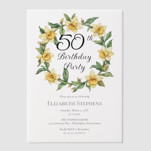 黄エレガント水仙フローラ50誕生日 ベラム紙招待状 (正面)