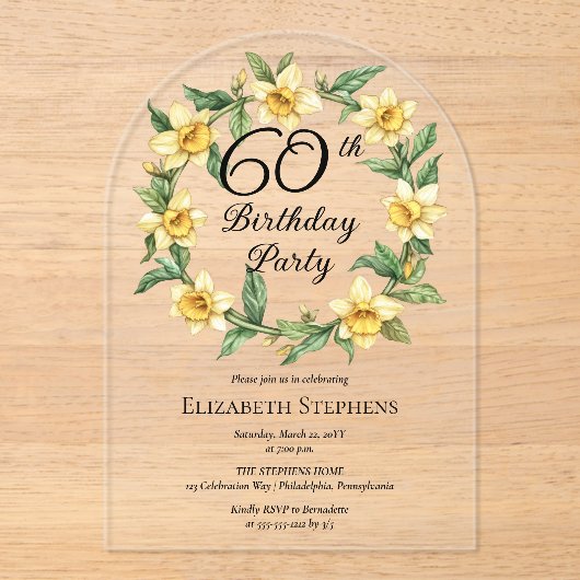黄エレガント水仙フローラ60誕生日 アクリル招待状 (正面)