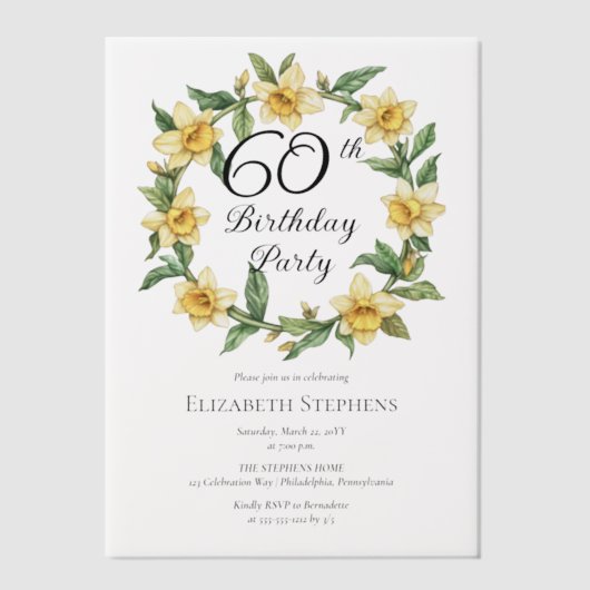 黄エレガント水仙フローラ60誕生日 ベラム紙招待状 (正面)