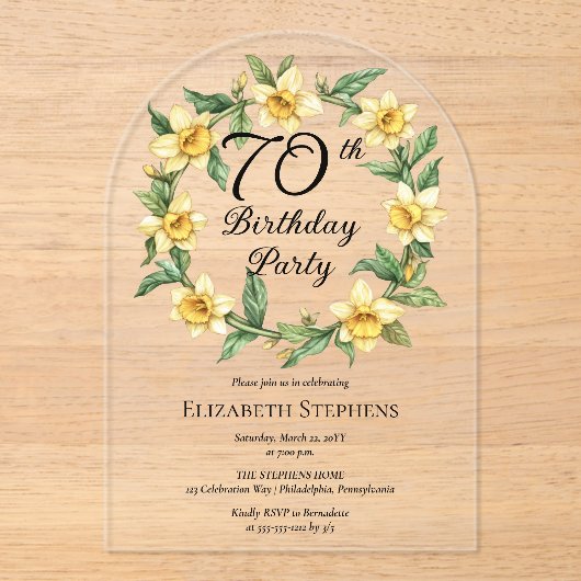 黄エレガント水仙フローラ70誕生日 アクリル招待状 (正面)