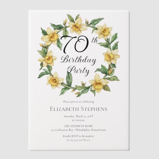 黄エレガント水仙フローラ70誕生日 ベラム紙招待状 (正面)
