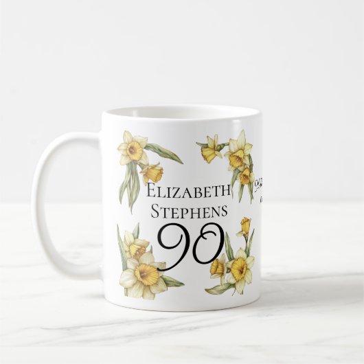 黄エレガント水仙フローラ90誕生日 コーヒーマグカップ (左)