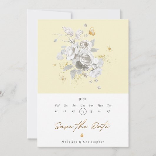黄エレガント白フローラ結婚式の日付を保存 招待状 (正面)