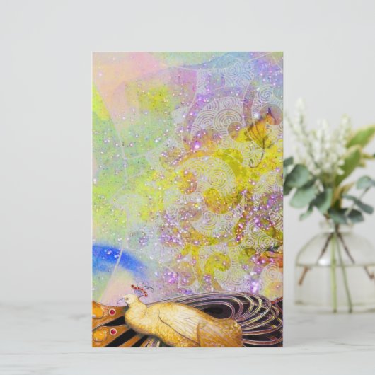 黄エレガント紫のきらめく孔雀 便箋 (スタンド正面)