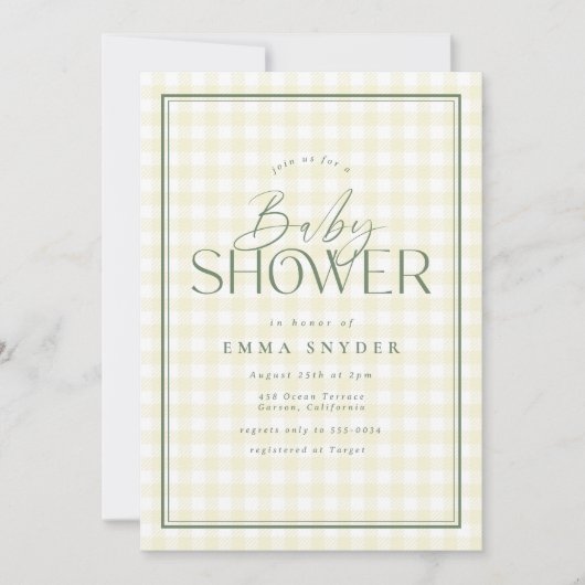 黄エレガント緑ジンガム赤ちゃんシャワー 招待状 (正面)