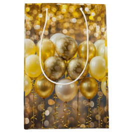 黄エレガント色および金ゴールドバルーンのラッピング紙 ミディアムペーパーバッグ