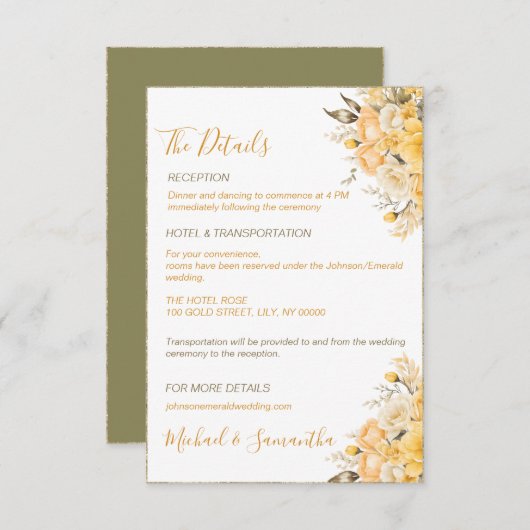 黄エレガント色とアイボリーバラ結婚ズ エンクロージャーカード (正面/裏面)