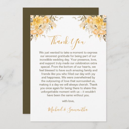 黄エレガント色とアイボリーバラ結婚ズ サンキューカード (正面/裏面)