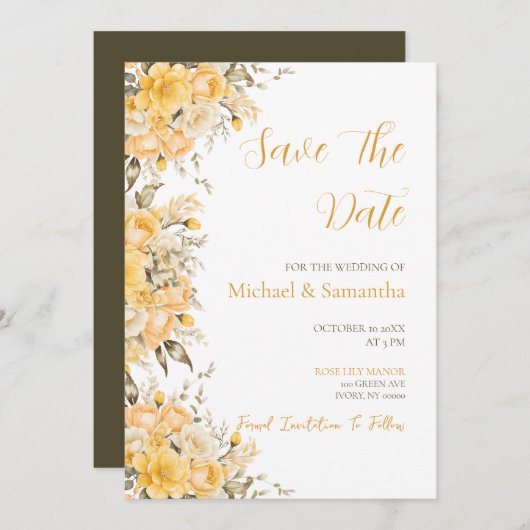 黄エレガント色とアイボリーバラ結婚ズ セーブザデート (正面/裏面)