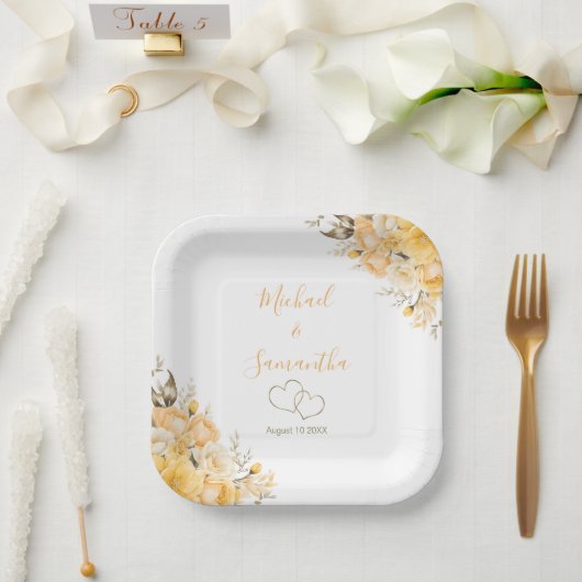 黄エレガント色とアイボリーバラ結婚ズ ペーパープレート (ウェディング)