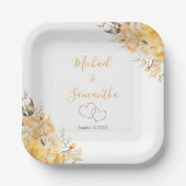 黄エレガント色とアイボリーバラ結婚ズ ペーパープレート (正面)