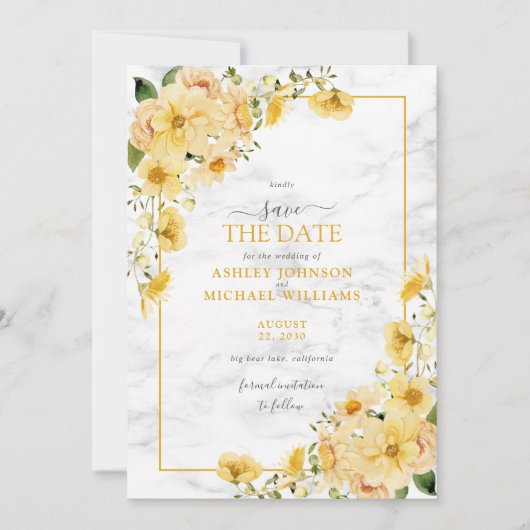 黄エレガント色と灰色のフローラ大理石の日付を保存 セーブザデート (正面)