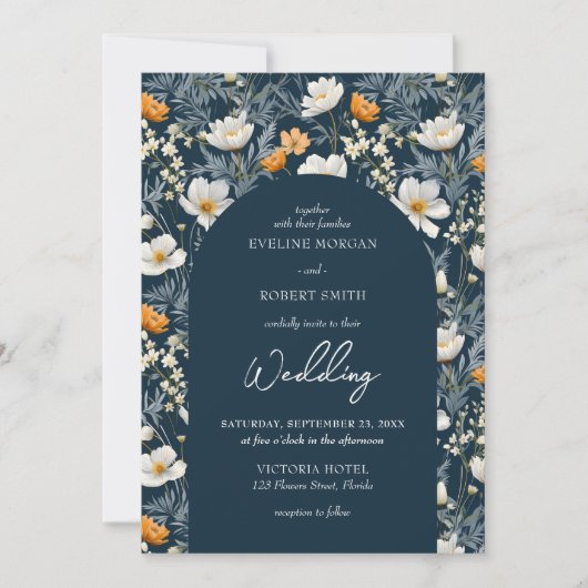 黄エレガント色と白の野生の花 招待状 (正面)