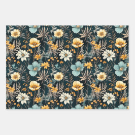 黄エレガント色と黒のフローラ ラッピングペーパーシート