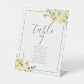 黄エレガント色のフローラ結婚のテーブル番号(名前あり) 台座サイン (正面)