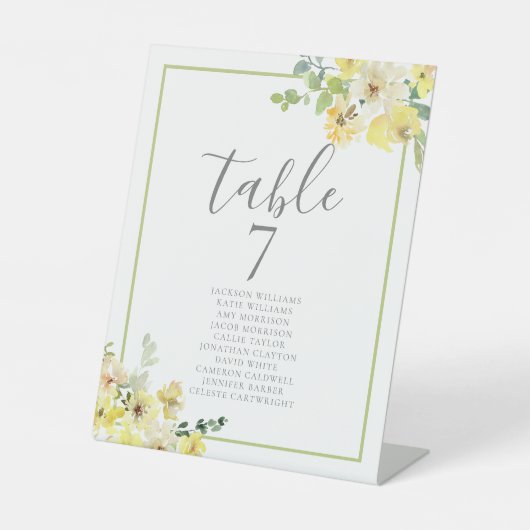 黄エレガント色のフローラ結婚のテーブル番号（名前あり） 台座サイン (正面)