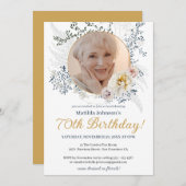 黄エレガント色の花カスタムの写真70誕生日 招待状 (正面/裏面)