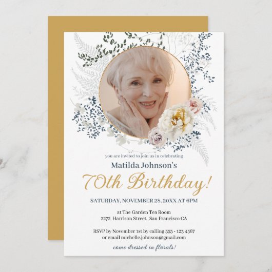 黄エレガント色の花カスタムの写真70誕生日 招待状 (正面/裏面)