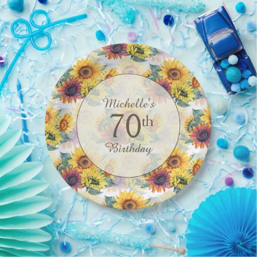 黄エレガント色ひまわり緑70誕生日 ペーパープレート (パーティー)