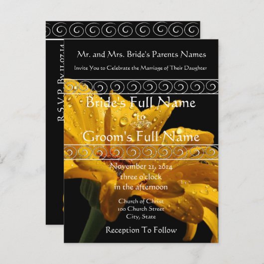 黄エレガント色ガーベラデイジー結婚式招待状 インビテーションポストカード (正面/裏面)