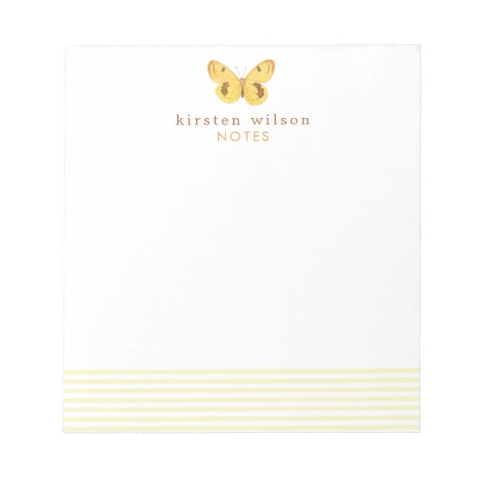 黄エレガント色ストライプのと蝶 – パーソナライズされた ノートパッド (正面)