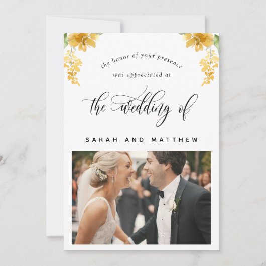 黄エレガント色フローラ、写真結婚のフラット サンキューカード (正面)