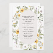 黄エレガント色ワイルドフラワーの緑の枠結婚枠 招待状 (正面/裏面)