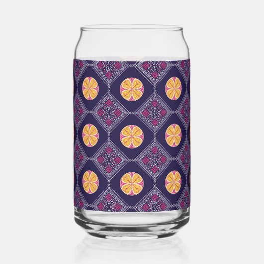 黄エレガント色花柄の紫織物 ガラス缶 (正面)