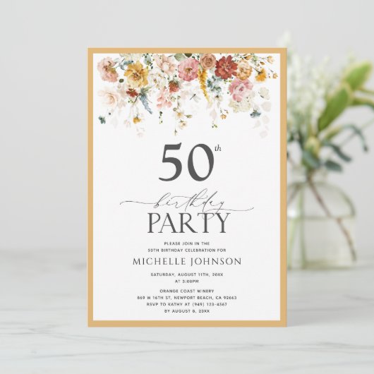 黄エレガント色野草水彩50誕生日 招待状 (スタンド正面)