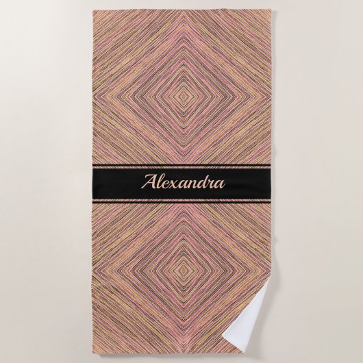 黄エレガント色金ゴールドグリッターパーソナライズされたストライプ ビーチタオル (正面)